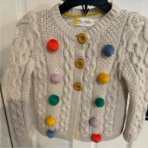 Mini Boden Cream Cardigan with Colorful Pom-Poms